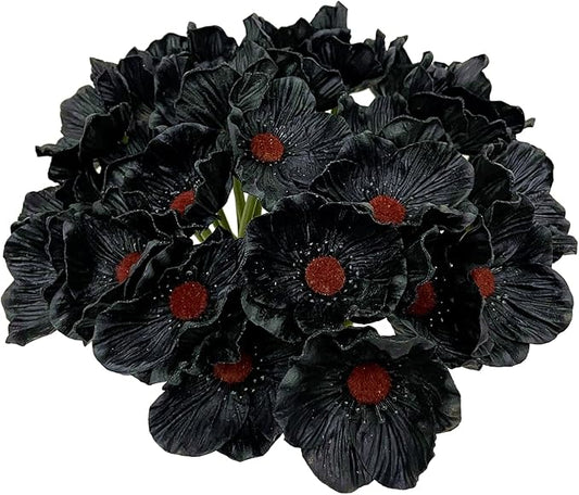 14Pcs Real Touch Anemone Poppy Bouquet for Artificial Flower Decor Kitchen Table Centerpiece Vase Home Greenery Wedding Holding Flowers Backdrop Arch Wall (Black)