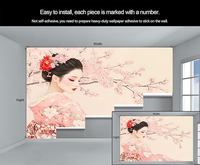Japanese Cherry Blossom Wall Mural, Kimono Woman Geisha 3D Wall Murals, Oriental Beauty Wallpaper Mural, for Living Room Bedroom Large Wallpaper Indoor Decor 157.5" W x110.3 H