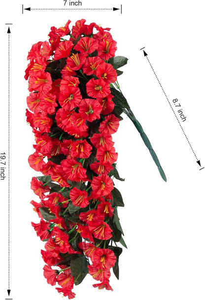 Artificial Faux Hanging Flowers Plants for Winter Christmas Outdoor Outside Decor, 2 PCS Fake Silk Red Morning Glory Long Vines UV Resistant Realistic for Home Porch Patio Balcony Planter Decoration
