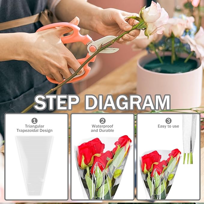 XABMU White Flower Bouquet Bags - 50 Pack White & Clear Floral Wrapping Sleeves for Wedding, Graduation, Mother’s Day Gifting & Florist Supplies
