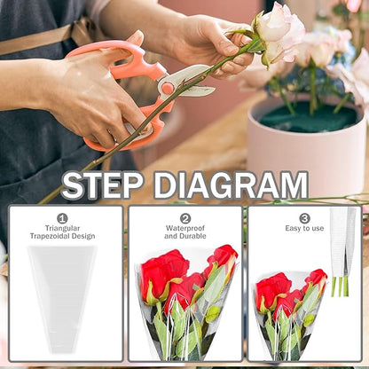 XABMU White Flower Bouquet Bags - 50 Pack White & Clear Floral Wrapping Sleeves for Wedding, Graduation, Mother’s Day Gifting & Florist Supplies