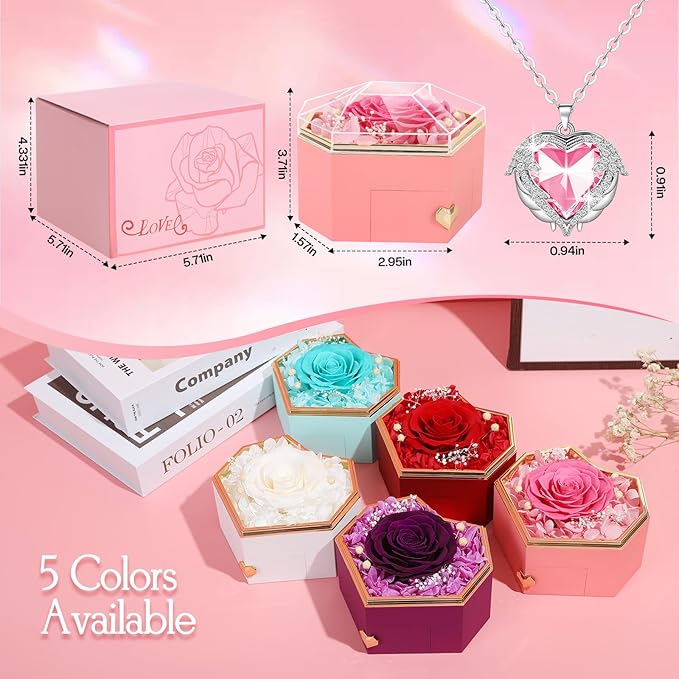Preserved Pink Real Rose with Necklace Forever Flowers Diamond shaped Box for Mom Wife Girlfriend Grandma on Mothers Day Birthday Valentines Christmas Anniversary Beatiful Gifts for women