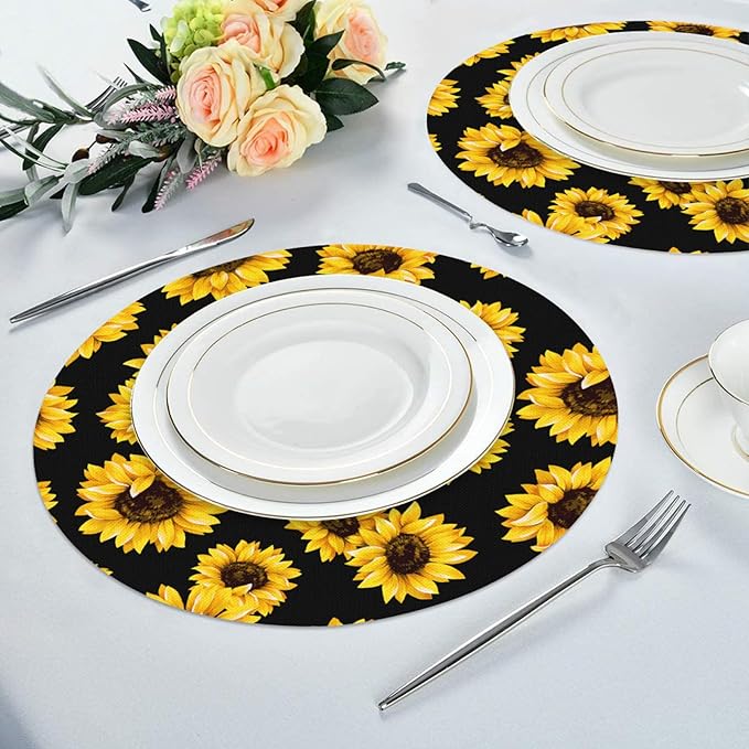 Flower Round Placemat Set of 4 Elegant Linen Table Mats for Dining, Heat Resistant, Stain Resistant Perfect for Dinner Parties, Restaurants, and Everyday Use