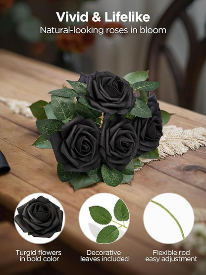 InnoGear Artificial Flowers, 50 Pcs Black Foam Fake Roses Bulk with Stems for Decoration DIY Wedding Bouquets Centerpieces Bridal Shower Party Valentines Christmas Tree
