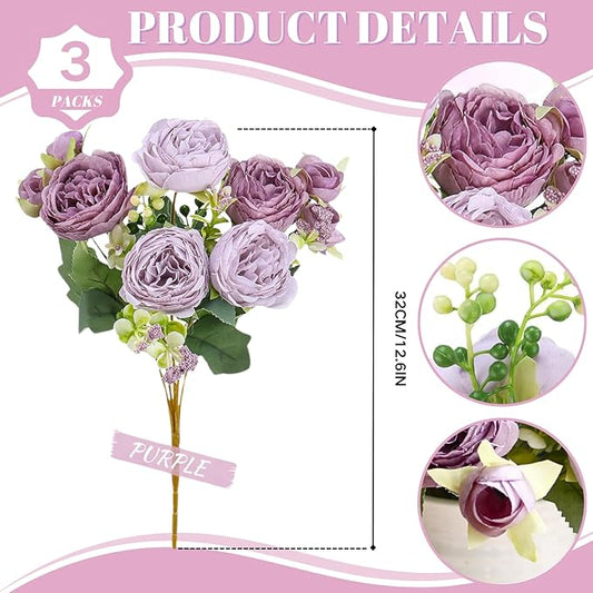 ASTRYAS 3 Packs Artificial Flowers, Peonies Artificial Flowers, Purple Artificial Peonies, Silk Peonies Flowers Fake Flowers Peonies Bouquet for Centerpiece Table Wedding Party Home Decor