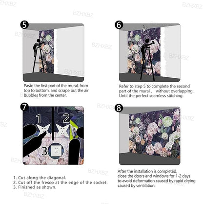 Black Floral Wallpaper Bedroom Purple Botanical Flowers Leaf murals Living Room tv Background Large Wall Mural Aesthetic Room Decor - 160"x108" Not Peel and Stick