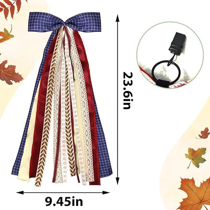 Large Blue Buffalo Plaid Ribbons Bow for Wreath, Red Orange Fall Fabric Ribbons Set Assorted Lace Ribbon Navy Clip-On Wreath Sash Ribbon Bundle for Thanksgiving Home Indoor Outdoor Decor