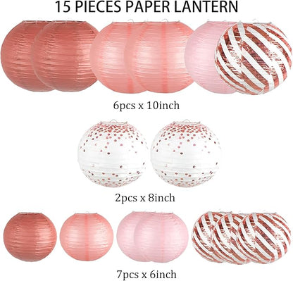 Paper Lanterns Decorative, Rose Gold Round Hanging Paper Lantern Decorations for Birthday Party Bridal Shower Wedding Baby Shower Engagement Valentine's Day Party Supplies