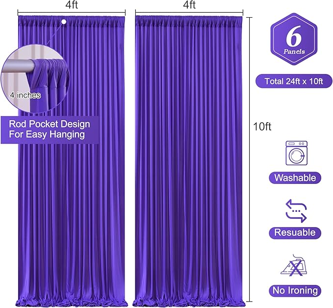 Wish Care Purple Backdrop Curtains - 6 Panels, Wrinkle-Free, Polyester, Photography Drapes for Baby Shower, Birthday Party, Wedding, Prom, Photo Booth - 24 X 10FT (Purple)