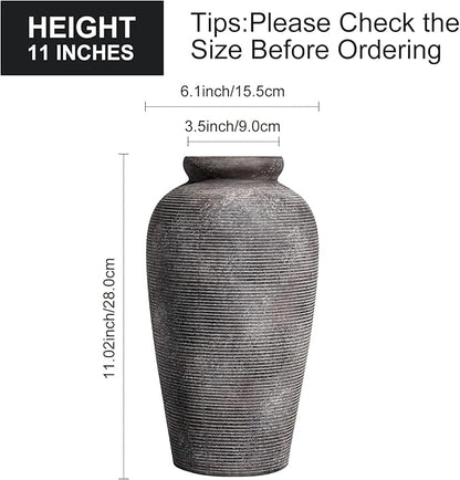 Large Rustic Terracotta Vase, 11 inch Tall Ceramic Flower Vase, Clay Farmhouse Decorative Vases for Flowers, Living Room, Shelf, Entryway, Home Decor, Grey