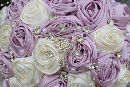 Bridal Wedding Bouquet Round Bling Brooch Bouquet Throw Toss Artificial Rose Flower Bunch for Bride Bridesmaid Wedding Quinceanera(Light Taro Purple & Ivory, 6.3")