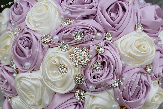 Bridal Wedding Bouquet Round Bling Brooch Bouquet Throw Toss Artificial Rose Flower Bunch for Bride Bridesmaid Wedding Quinceanera(Light Taro Purple & Ivory, 8.7")