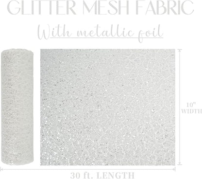 MEEDEE White Glitter Mesh Web Ribbon 10 Inch Wide by 10 Yards Roll White Fabric Ribbon Decorative Mesh Ribbon for Christmas Tree, Garland, Wreaths, Bows, Holiday Crafts, Home Decor