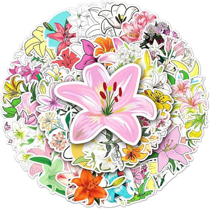 Lily Vinyl Stickers for Teens Boy Girls Kids|50 Pcs|Trendy Cartoon Waterproof Stickers for Laptop Phone Tablet Luggage Flasks Water Bottle Notebook Bike Scrapbook,Aesthetic Flowers Decals Pack(Lily)