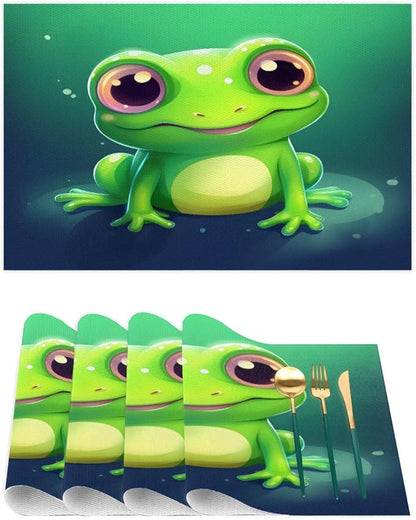 Frog Animal Green Placemats Set of 6 PVC Vinyl Non Slip Table Mats Waterproof Heat Resistant Place Mats Washable Wipeable Dining Table Mat for Kitchen Party Farmhouse Indoor Outdoor Decorative