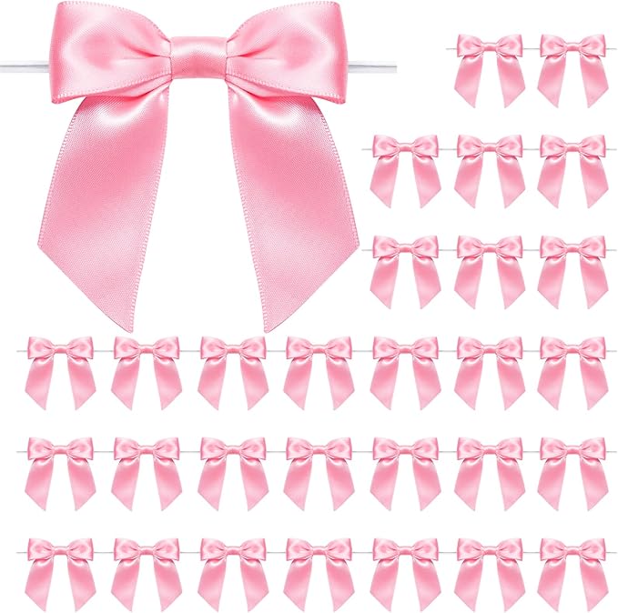 WRAPAHOLIC 30 Pcs 3" Pink Satin Ribbon Bows with Twist Tie - Pretied Premade Craft Bows for Christmas Party Crafts Treat Bags Gift Wrapping Wedding Baby Shower Birthday