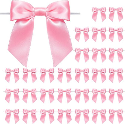 WRAPAHOLIC 30 Pcs 3" Pink Satin Ribbon Bows with Twist Tie - Pretied Premade Craft Bows for Christmas Party Crafts Treat Bags Gift Wrapping Wedding Baby Shower Birthday