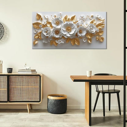 IDAFU Flower Wall Art White Foral and Golden Leaves Wall-décor White Wall Art Floral Painting Pictures for Living Room Bathroom Bedroom Kitchen Office Cuadros Decorativos Para Sala Decor 30L x 16W