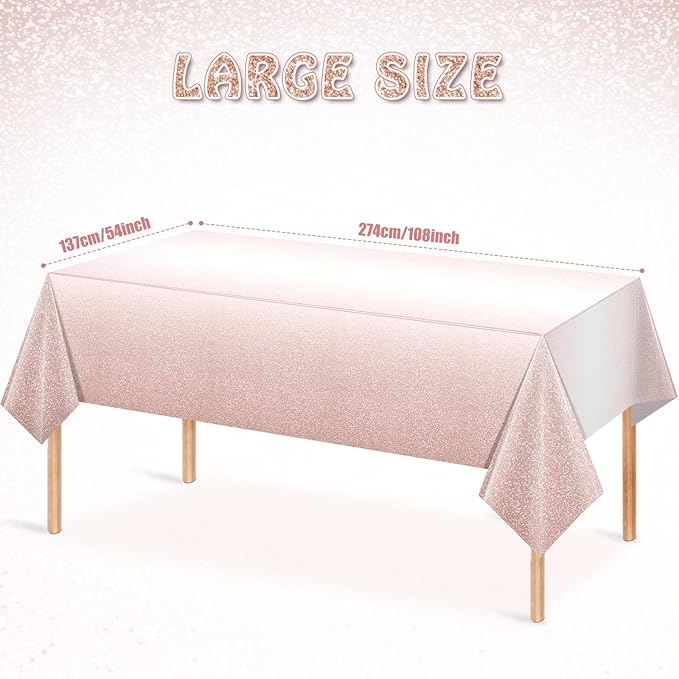 3 Pack Ombre Rose Gold Plastic Tablecloth for Parties, Gradient Pastel Rose Gold Disposable Tablecloths for Rectangle Tables, Light Pink Sprinkle Table Cover for Wedding Birthday Party, 54 x 108 Inch