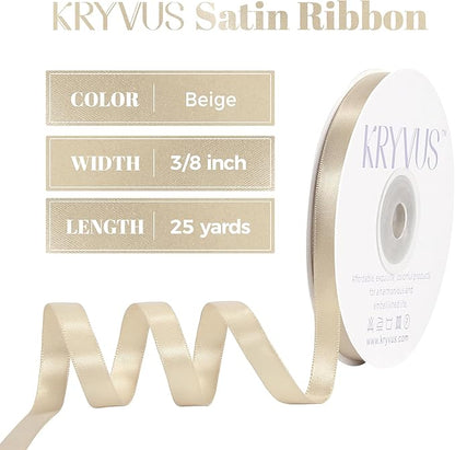 Beige Satin Ribbon, Double Faced 3/8 Inch X 25 Yards Beige Ribbon, Premium Satin Ribbon for Gift Wrapping, Crafts, Hair Bow Making, Sewing, Flower Bouquet, Wedding Party Decor