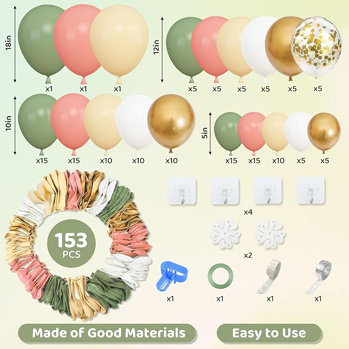 Amandir 153pcs Retro Green Pink Balloon Garland Arch Kit, Different Sizes 18 12 10 5 inch White Dusty Pink Latex Metallic Confetti Balloons for Jungle Safari Birthday Party Baby Shower Decorations