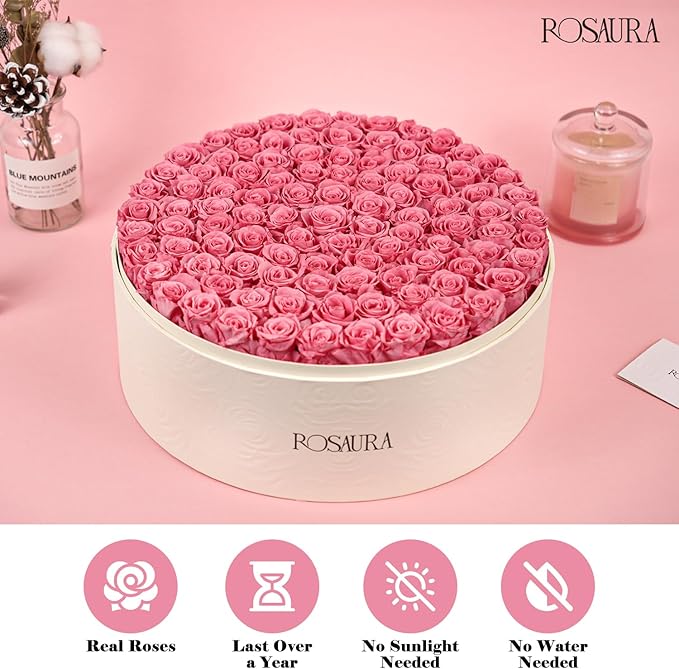 Rosaura Round Preserved Roses Gift Box - Real Forever Flowers for Birthday, Valentine's & Mother's Day (Pink, 100 Roses)