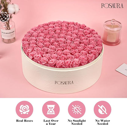 Rosaura Round Preserved Roses Gift Box - Real Forever Flowers for Birthday, Valentine's & Mother's Day (Pink, 100 Roses)