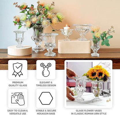 Efavormart 2 Pack Clear Glass Flower Vases in Classic Roman Urn Style, Mini Pedestal Vase Table Centerpieces - 8"