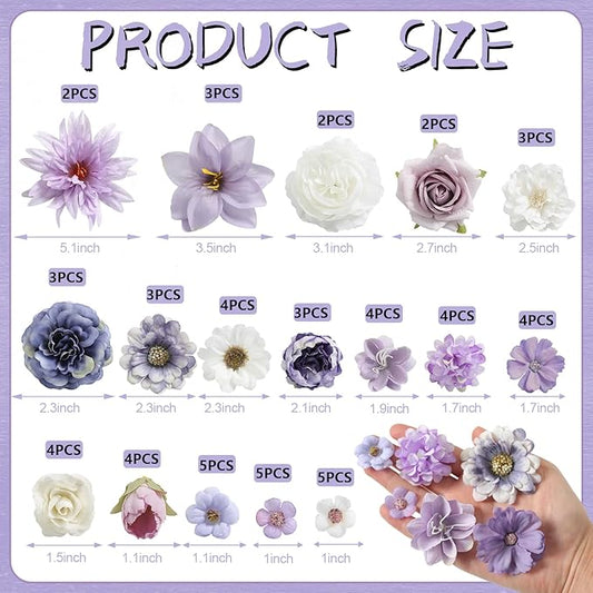 Artificial Flowers Heads Combo Purple Flowers Mix Silk Flowers Dahlia Roses for Graduation Cap DIY Cake Wedding Party Floral Arrangement Table Centerpieces Home Decorations