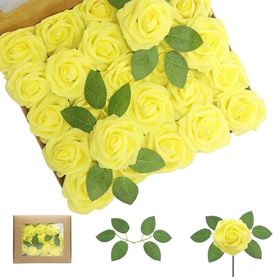 100PCS Yellow Artificial Flowers Roses Real Looking Foam Fake Roses with Leaves and for DIY Wedding Bouquets Bridal Shower Centerpieces Party Decorations (Yellow, 100)