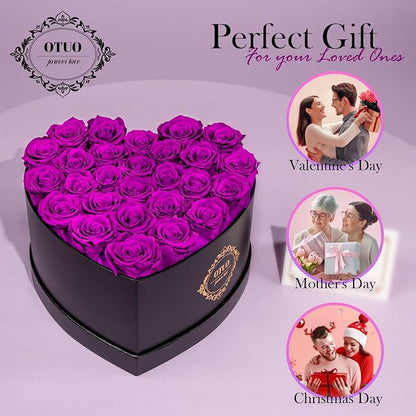 27 Preserved Roses in Heart-Shaped Box, Flowers for Delivery Prime Last up 2 Years, Real Forever Flowers for Wife, Girlfriend, Mother, Eternal Roses for Anniversary - Purple