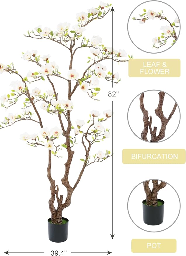 Artificial Magnolia Tree, 6.8FT Tall Fake Indoor Tree, Realistic Real Touch Leaves and Flowers Perfect for Indoor Decor, Living Room, Door, Office and Hotel Decor (White)
