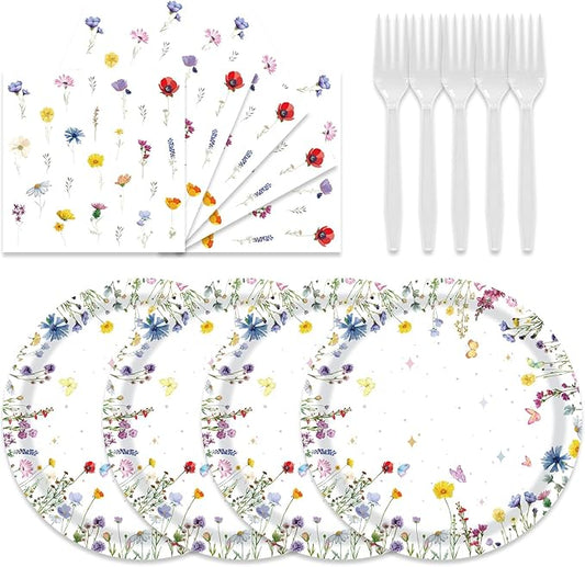 48pcs Flower Party Decoration Set,16 Dessert plate,16 Napkin And 16 Fork,16 persons Baby in Bloom Floral Disposable tableware,Wildflower Birthday Party Supplies (Multicolor 24)