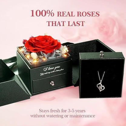 Preserved Real Roses with Heart Necklace I Love You in 100 Languages, Romantic Anniversary Christmas Gifts for Wife Girlfriend, Forever Roses Necklace Gifts