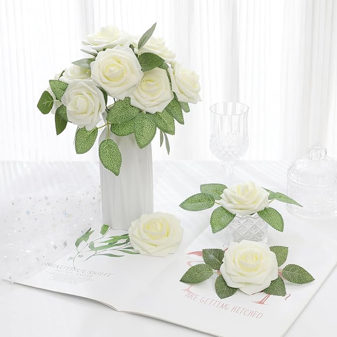 DerBlue 60pcs Artificial Roses Flowers Real Looking Fake Roses Artificial Foam Roses Decoration DIY for Wedding,Arrangements Party Home Decorations