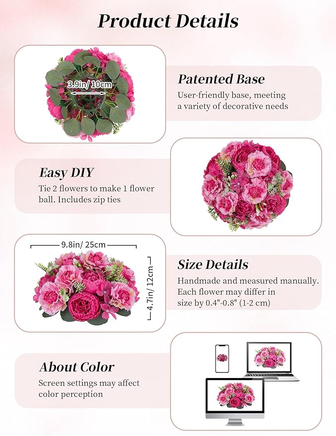 BLOSMON Faux Peony Flowers centerpieces: 10pc 9.5 Inch Hot Pink Floral Ball Arrangement for Wedding Party - Easy to Use Home Dinning Table Decoration - Fake Silk Peony Kissing Ball Decor