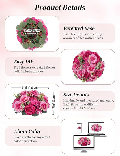 BLOSMON Faux Peony Flowers centerpieces: 10pc 9.5 Inch Hot Pink Floral Ball Arrangement for Wedding Party - Easy to Use Home Dinning Table Decoration - Fake Silk Peony Kissing Ball Decor