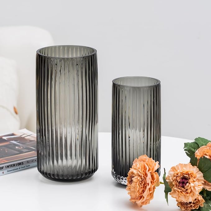 Flower Vase 9.7 inch Grey Thickened Hand Blow Glass Vase Round Vintage Striped Bottles for Bookshelf,Dinner Table,Indoor Office Desktop,Meeting Room,Bathroom,Countertop,Home