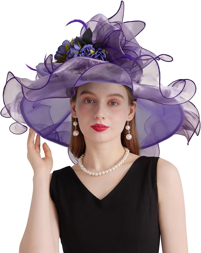 Organza Derby Hats for Women Wide Brim Fascinator Hat Rose Flower Wedding Tea Party Hat