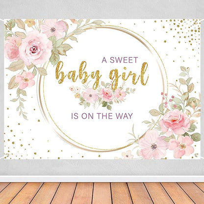 Sweet Baby Girl is On The Way Backdrop - 7x5ft Pink Floral Baby Shower Banner for Girl, Watercolor Gold Glitter Party Decorations, Gender Reveal Newborn Welcome Photo Booth Background