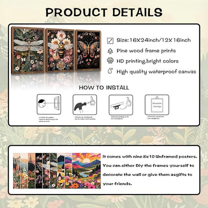 Retro Insect Bee Butterfly Dragonfly Wall Art Set Of 3 24x16In Wood Framed, with 9 Bonus Posters 8"x10", Nature plant Canvas Decoration Paintings Artwork for Office Bedroom Living Room Home Decor