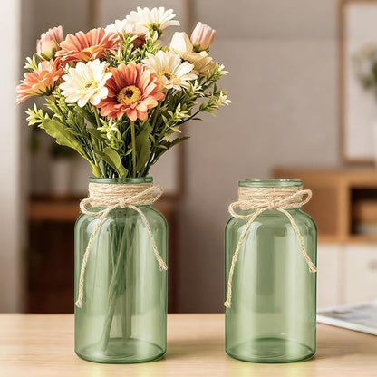 Vintage Glass Flower Vase，6 Pack Green Farmhouse Glass Centerpiece Vases Mason Jars for Weddings, Parties & Home Decor Bulk (6,Green)