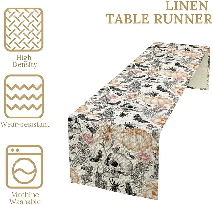 Gothic Table Runner,Black White Skull Moth Pumpkin Halloween Table Runner for Home Kitchen Table Dining Garden Farmhouse Wedding Party Decor 13x70 Inch