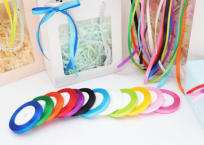 Multicolor Satin Ribbons for Crafting Rainbow Colorful Ribbon for Gift Wrapping Birthday Party Decorations, Double Face Thin Ribbon Hair Ribbons 12 Colours 1/4" X 10Yards Each Total 120 Yds
