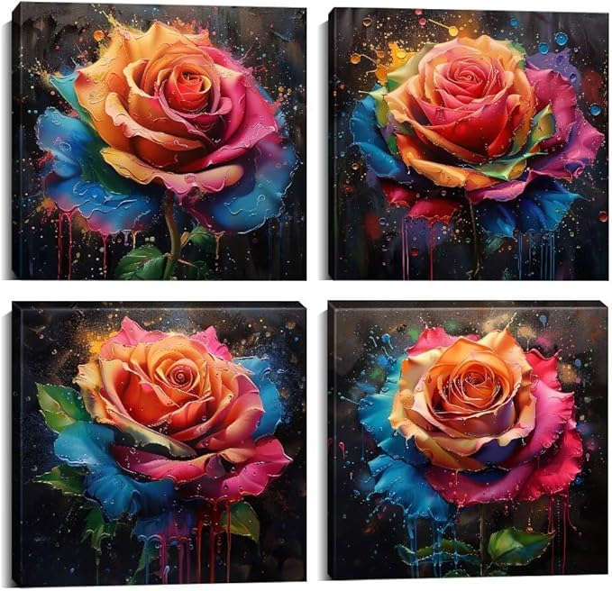 Pankila Colorful Rose Wall Art Floral Pictures Canvas Prints Abstract Rose Flower Wall Decor for Living Room Bedroom Bathroom Home Decorations Framed Artwork Ready to Hang (24''W x 24''H x 4)