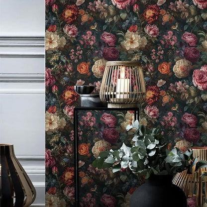 Vintage Dark Black Purple Red Flowers Leaf Botanical Floral Peel and Stick Wallpaper Easy Peel Off Contact Paper Stick on Adhesive Wall Paper for Bathroom Waterproof Renter Friendly