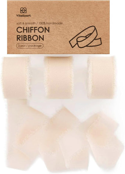 Vitalizart Light Nude Chiffon Silk Ribbon 1" x 21 Yd Fringe Fabric Package (3 Rolls * 7 Yd) for Wedding Invitations Bridal Bouquets Decorations Gifts Wrapping & Bow Making