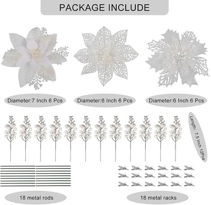 RECUTMS 66 Pcs 3 Styles White Christmas Ornaments Christmas Glitter Poinsettia Flowers Artificial Christmas Tree Flower Decorations Wedding Wreath Floral Decorations(White)