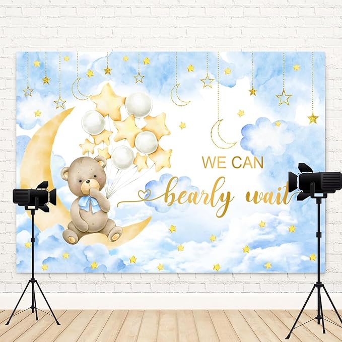 10x6.5ft Baby Shower Backdrop We Can Bearly Wait Photography Background Bear White Balloons Blue Clouds Moon Stars Cartoon Banner Decorations Birthday Party Newborn Portrait Photo Booth Prop