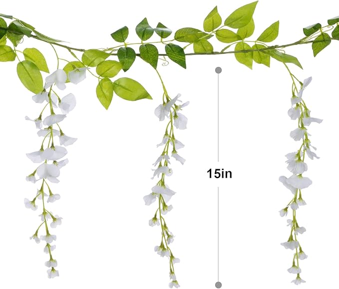 Lvydec Wisteria Artificial Flowers Garland, 4Pcs Total 28.8ft White Artificial Wisteria Vine Silk Hanging Flower for Home Garden Outdoor Ceremony Wedding Arch Floral Decor